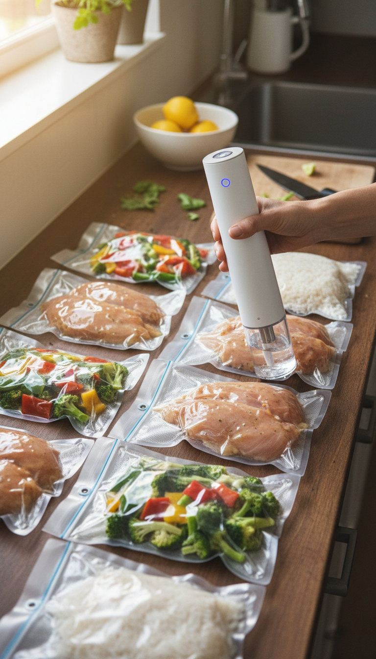 Meal prep bags of chicken and vegetables being vacuum sealed