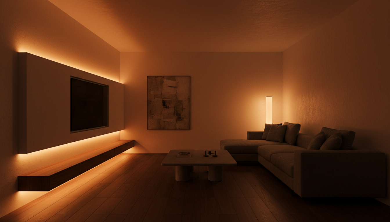 Living room glowing with warm LED strip lighting at dusk