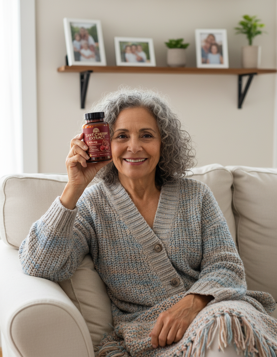 Woman in her sixties on her living room sofa holding a bottle of Vessara Tart Cherry Extract