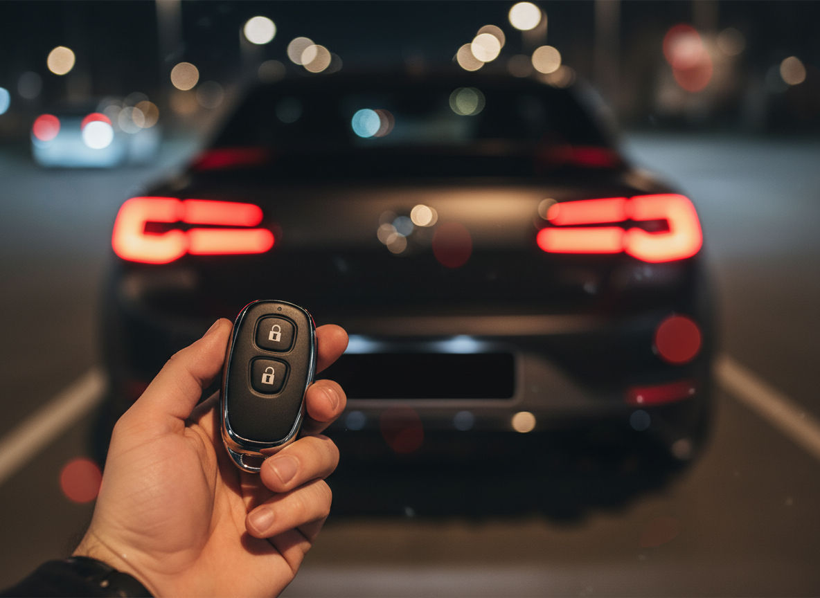 Hand holding the two-button remote with the car's smoked plate in the background