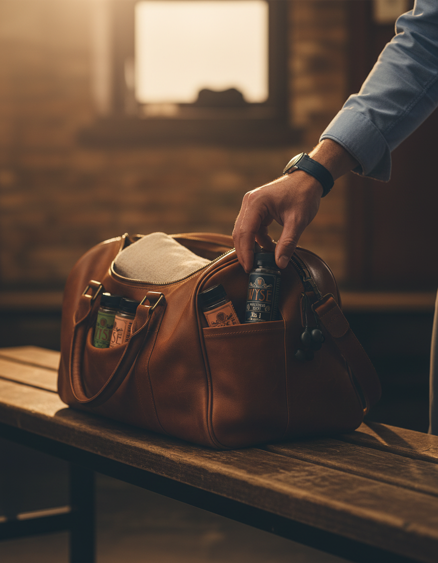 Wyse shots packed in the pocket of a leather gym bag
