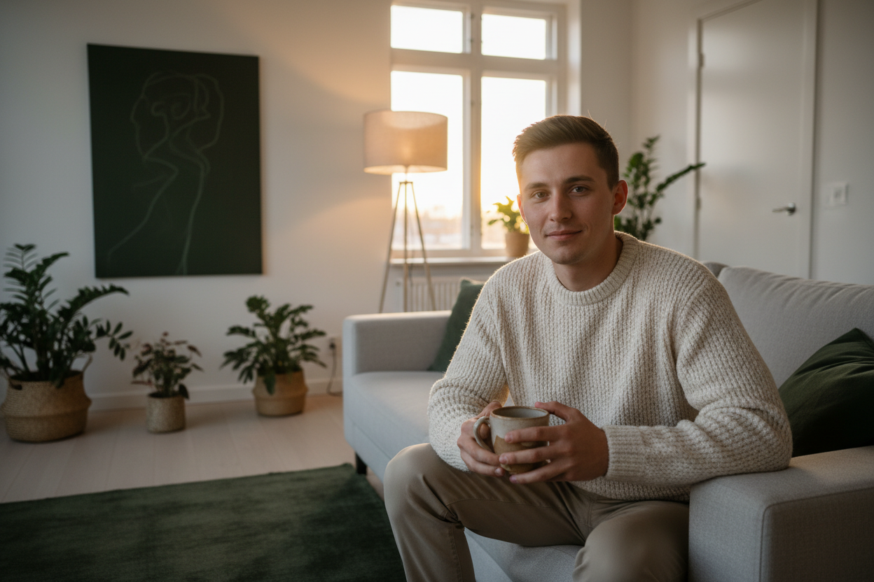 A young man relaxing on a linen sofa with a ceramic mug in a calm, lamp-lit apartment