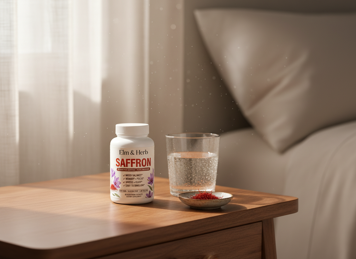 Elm & Herb Saffron on a bedside table