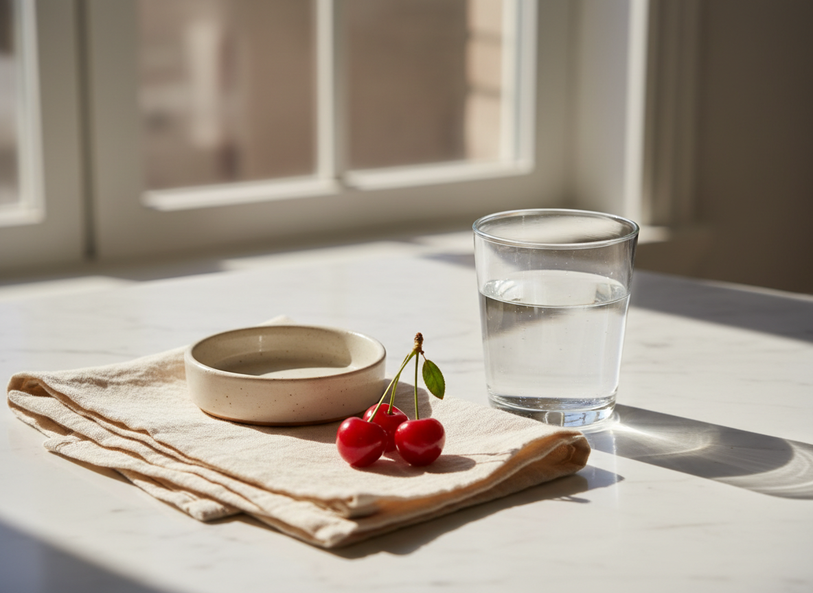 A glass of water, a small dish and fresh cherries on a sunny kitchen counter
