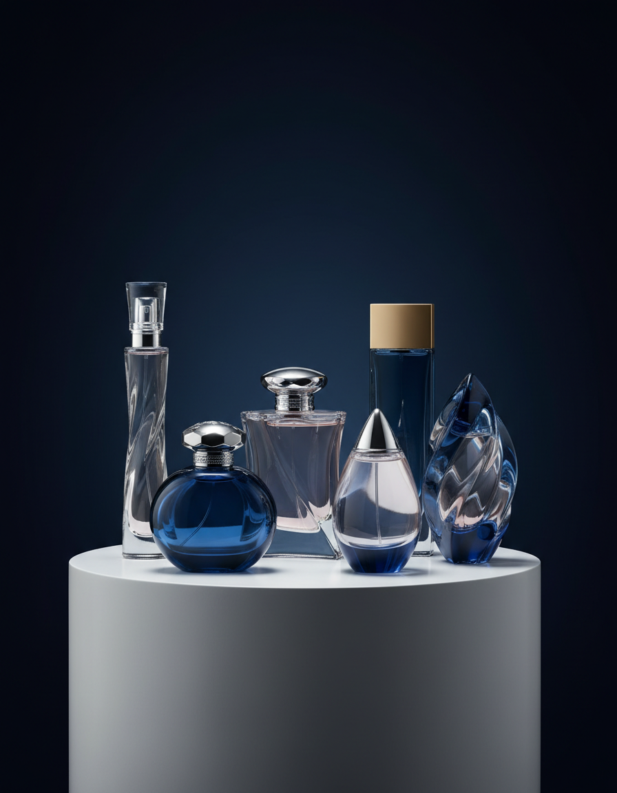 Frascos de perfume de cristal sobre fondo azul noche