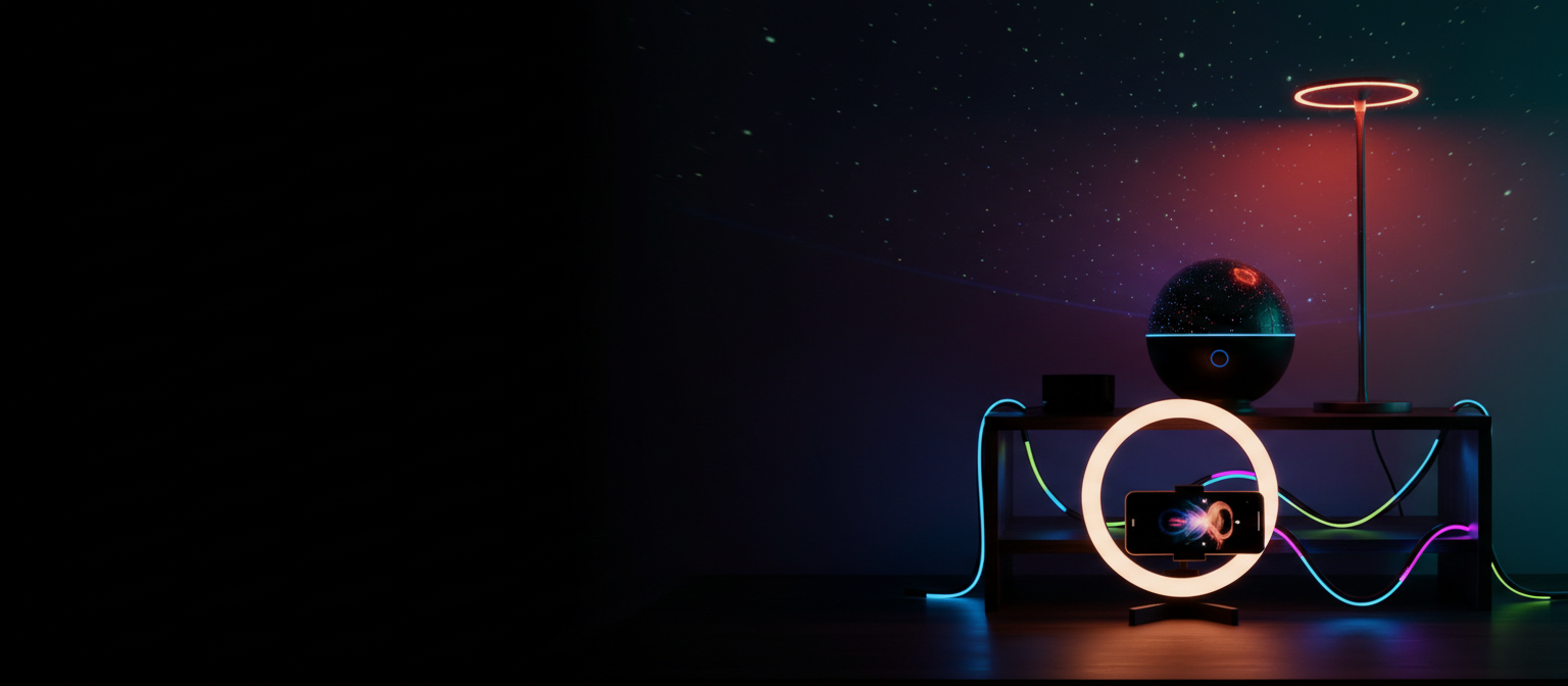 Trending gadgets glowing in a neon-lit room