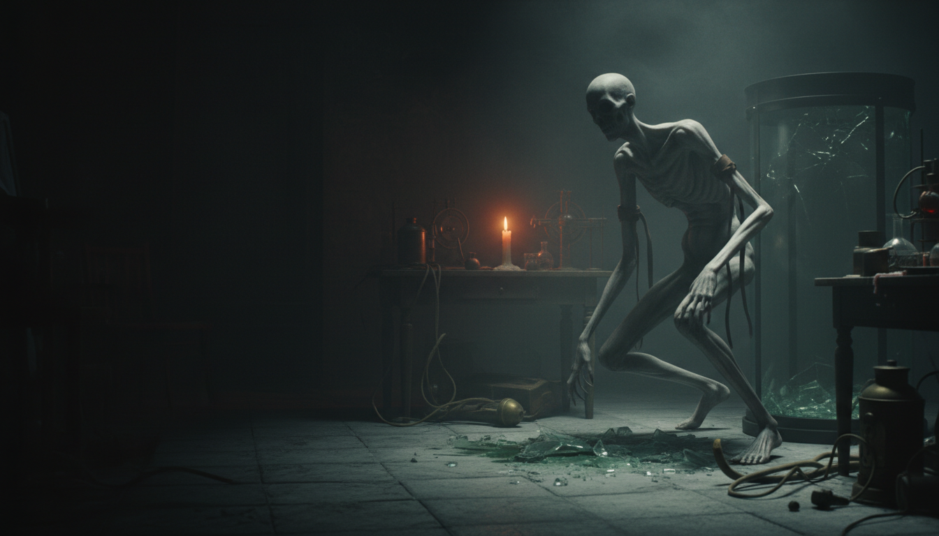 Gaunt, skeletal entity with hollow black eyes crawling out of a shattered specimen tank in a fog-filled gothic manor laboratory