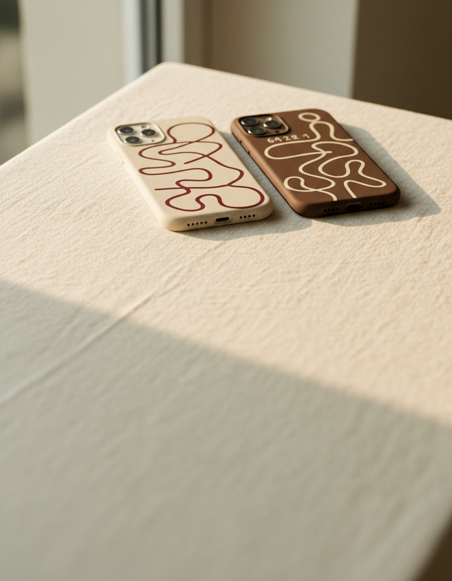 Two phones side by side on cream linen in window light, one in a cream case with oxblood lines, one in a chocolate case with cream lines