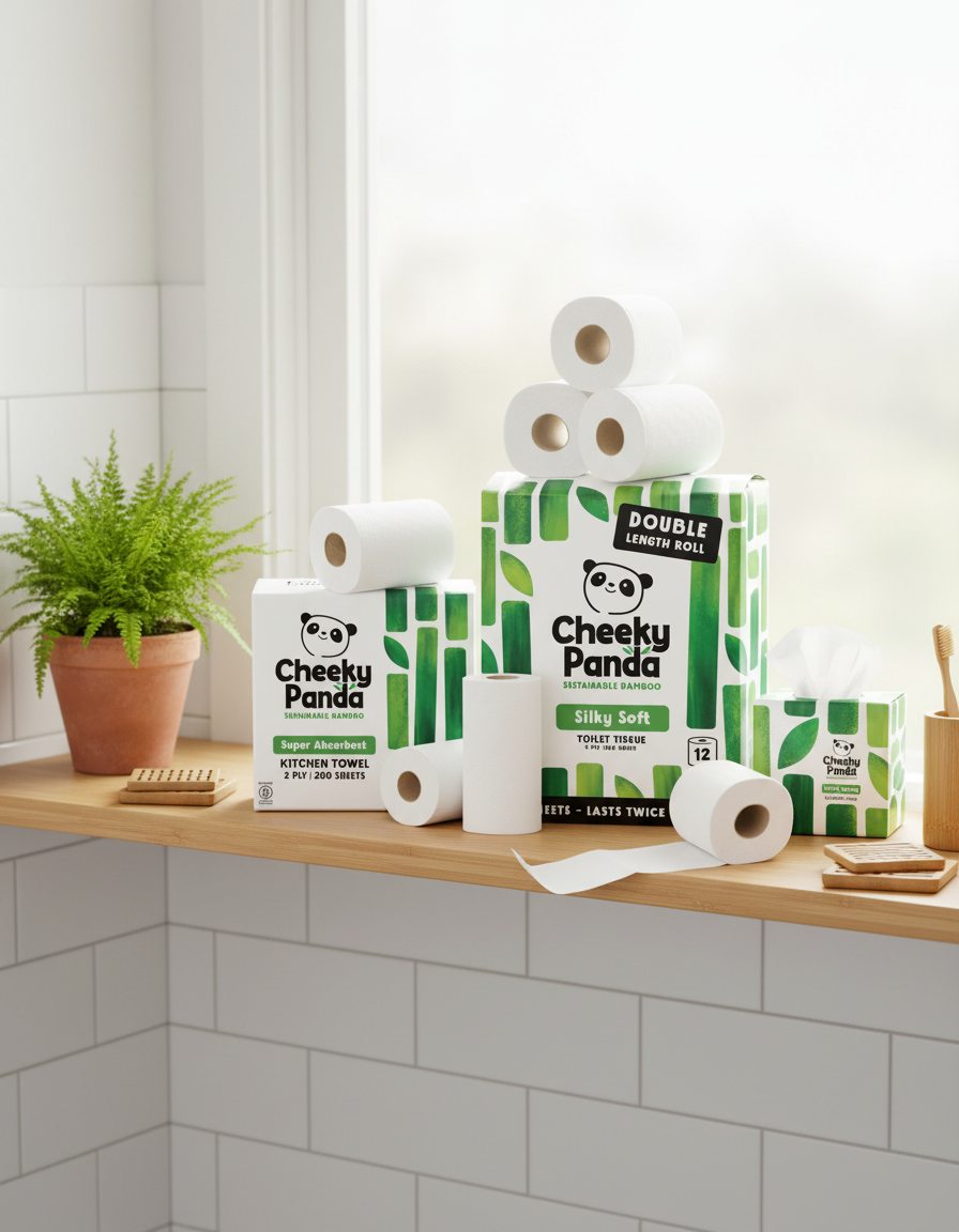 Cheeky Panda bamboo toilet rolls, kitchen roll and tissues stacked on a bright bathroom shelf