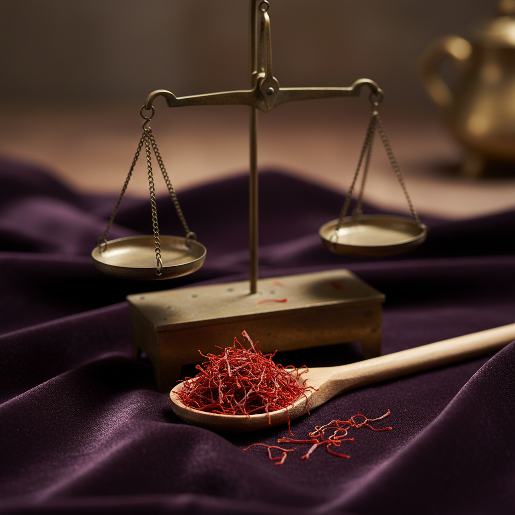 Brass scale and spoon of saffron threads