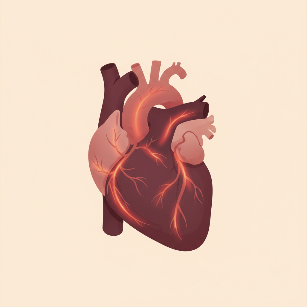 Illustration of a heart and arteries with inflammation along the artery walls