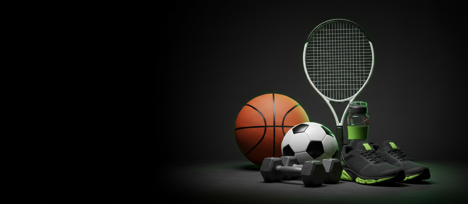 Basketball, soccer ball, dumbbells and running sneakers