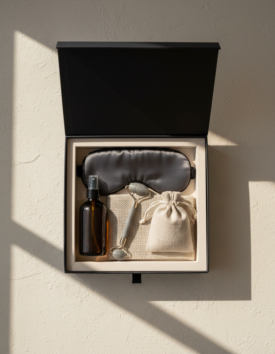 The NOVA FORM Recovery Kit: an open matte black box with pillow mist, silk sleep mask, stone facial roller, bath salts and a linen cloth