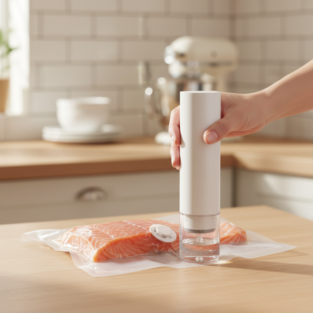 Hand sealing a reusable bag of salmon with the handheld vacuum sealer
