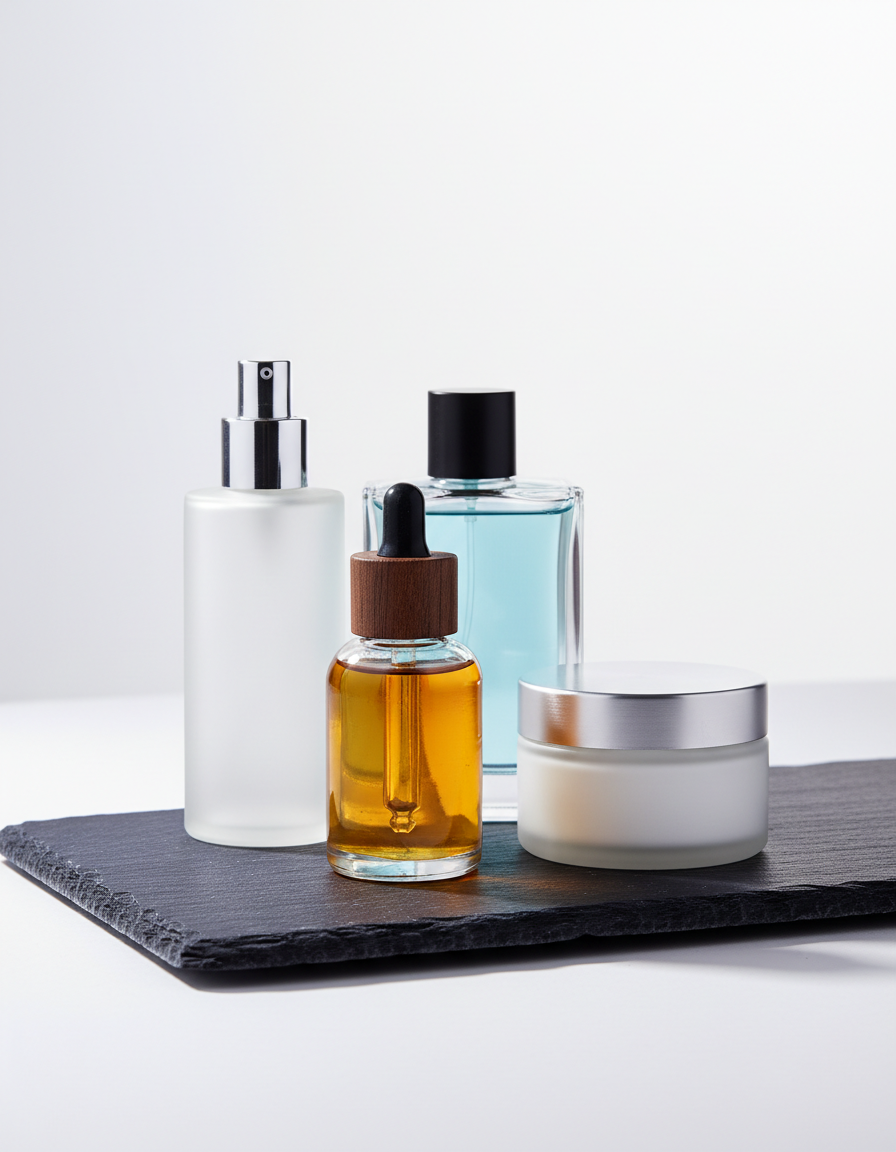 Productos de grooming masculino sobre piedra azul oscuro
