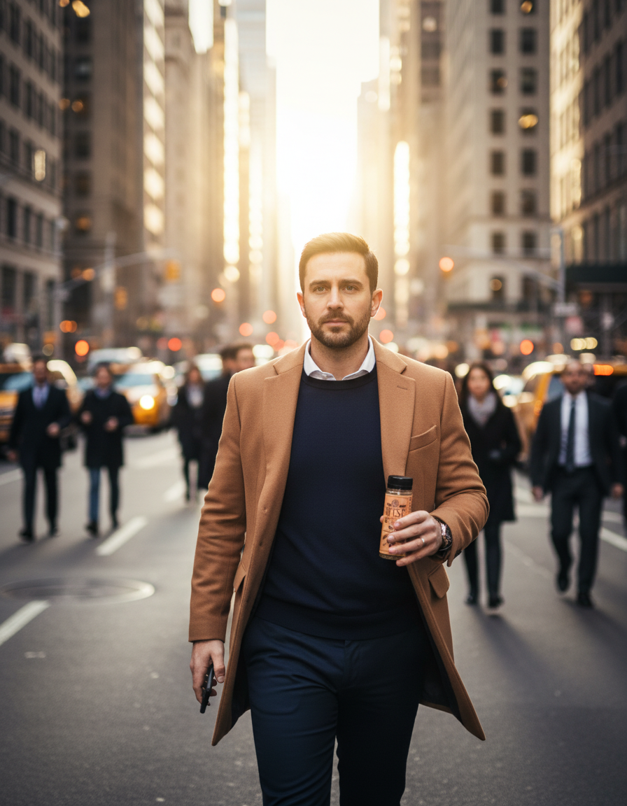 Entrepreneur in a camel overcoat walking a busy city street holding a Wyse shot