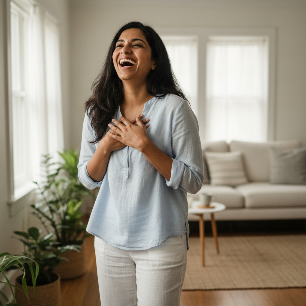 Smiling woman feeling refreshed at home