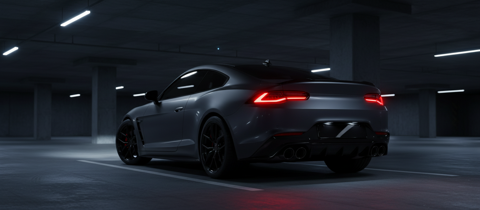 Dark grey performance coupe in an underground garage with the smoked Smart Tint Number Plate fitted flush at the rear