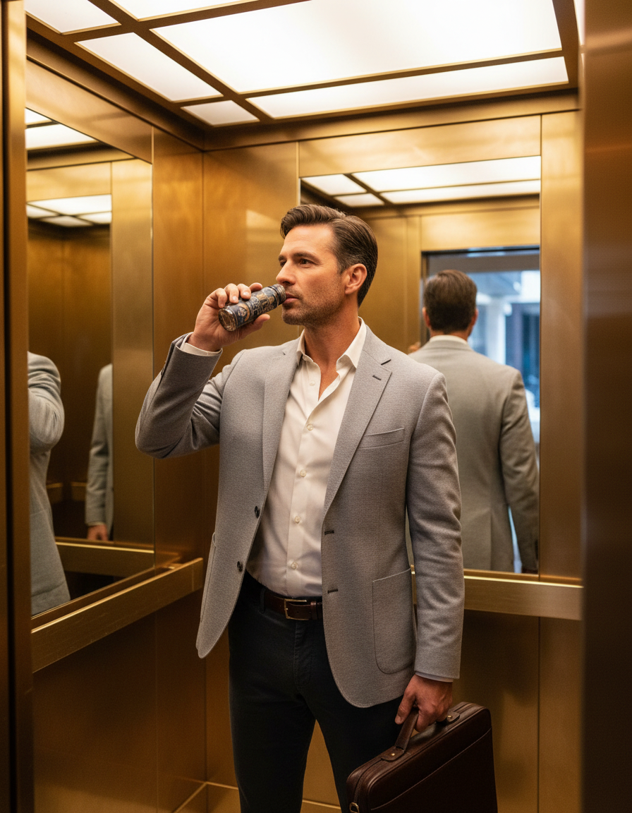 Businessman in a grey blazer taking a Wyse shot in an elevator, briefcase in hand