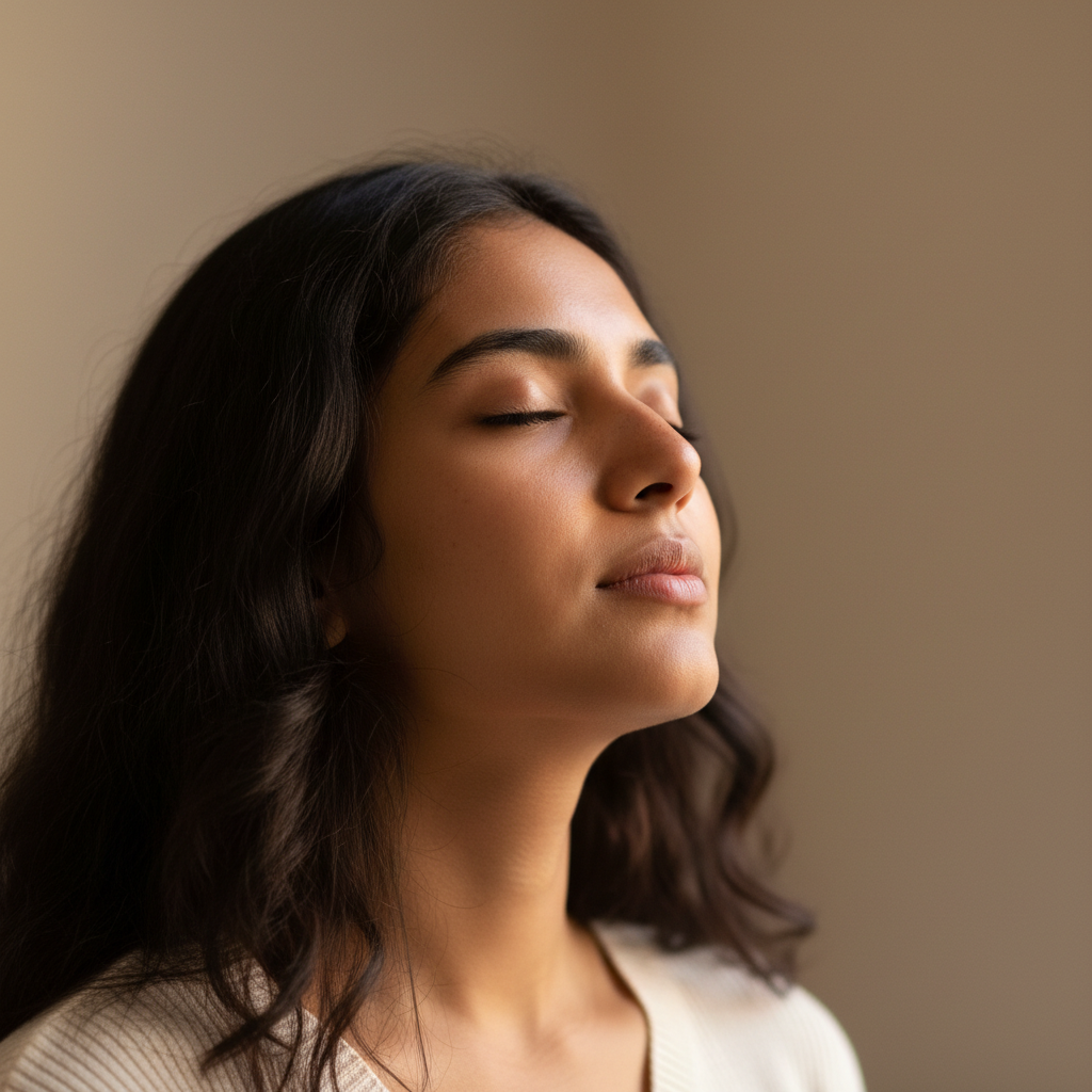 Woman breathing easily with eyes closed