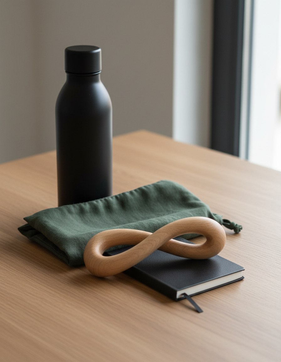 A matte black water bottle, moss green linen pouch, wooden massage tool and notebook on an oak table