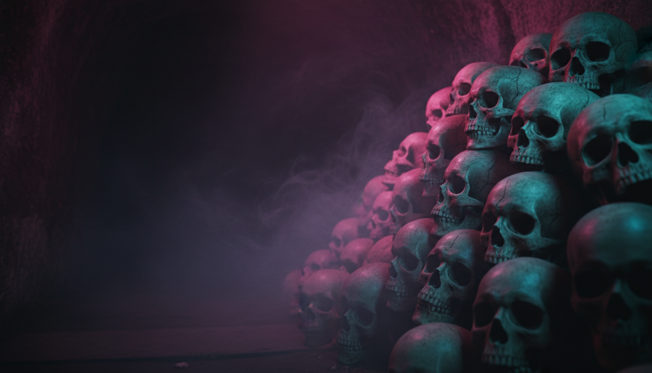 Pile of cracked skulls in a fog-filled catacomb, lit in eerie pink and cyan