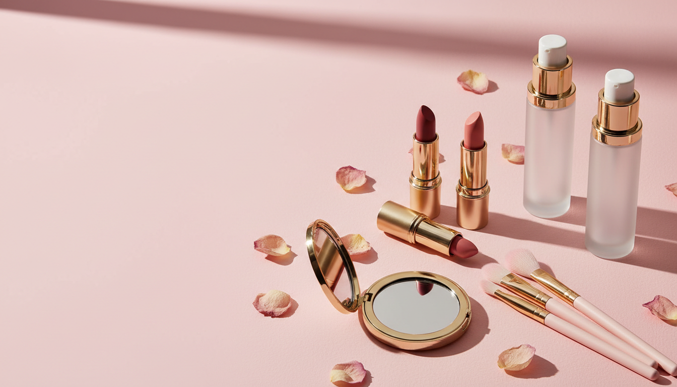 Skincare bottles, lipsticks and makeup brushes on a pink surface