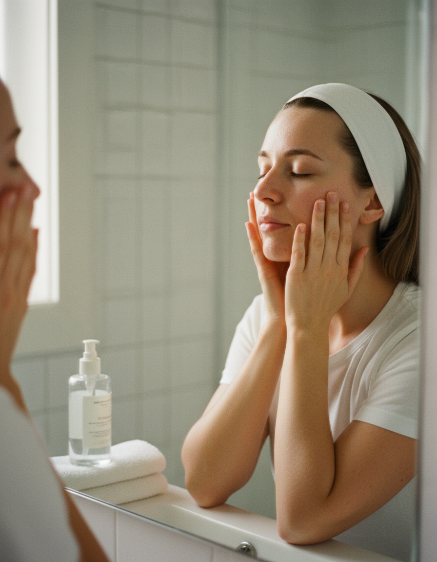 Woman pressing toner into her cheeks