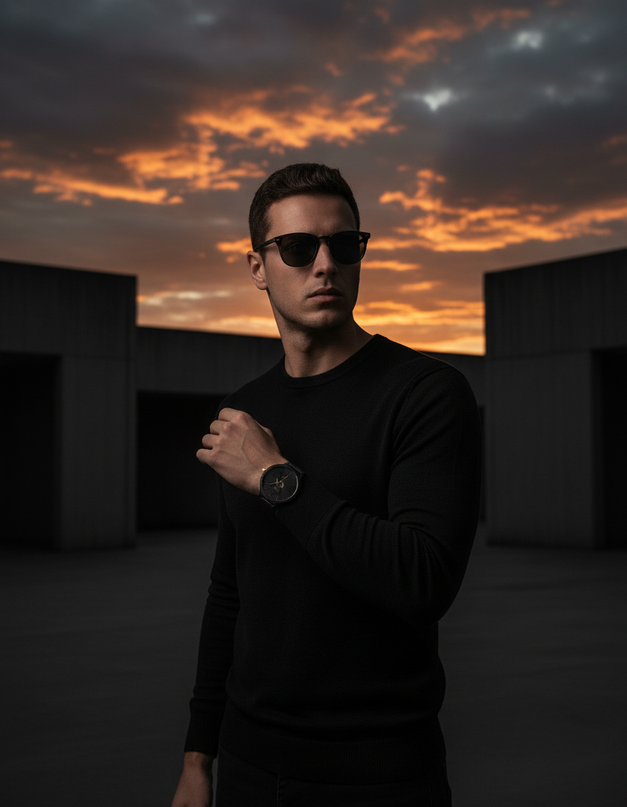 Man in a black knit at dusk wearing the A/M LUXURY black and gold mesh watch