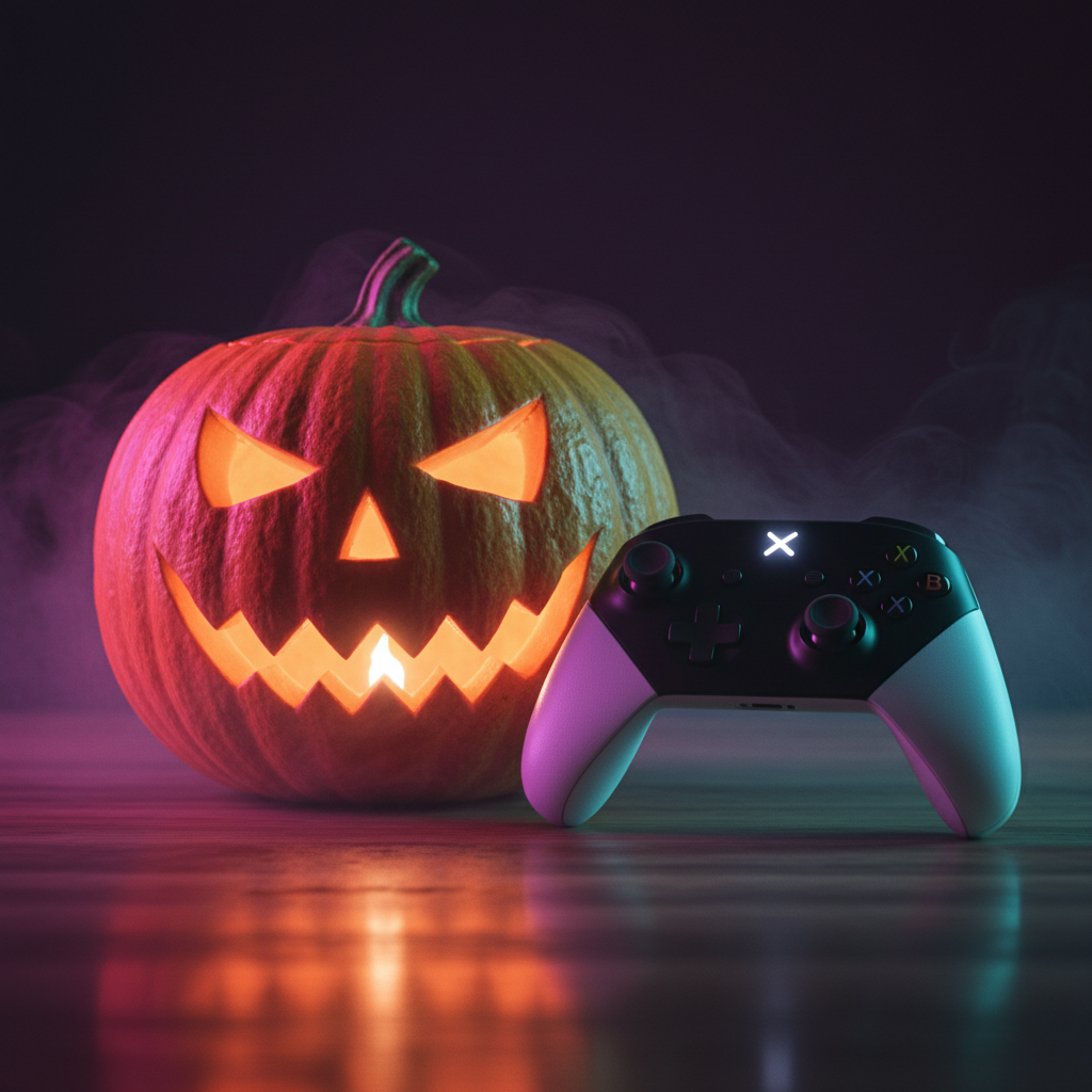 Glowing jack-o'-lantern beside a game controller in pink and cyan light