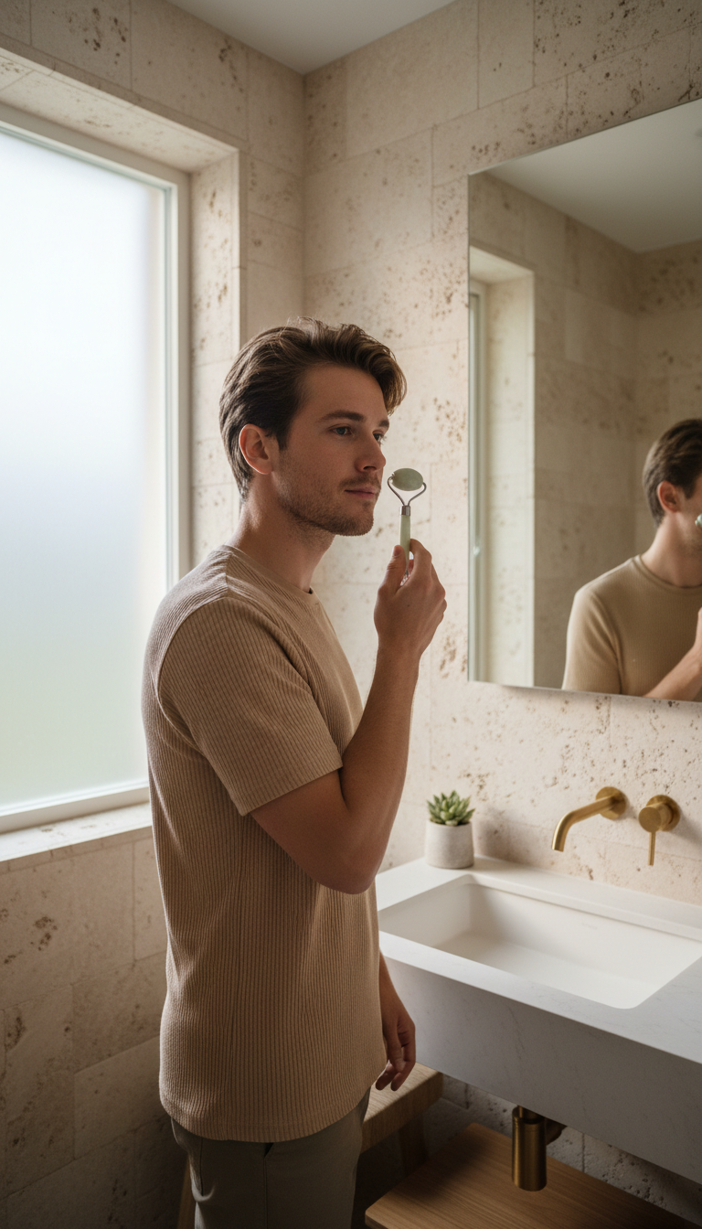 A young man using a stone facial roller in front of a bathroom mirror