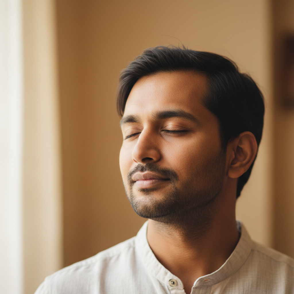 Man looking relieved and breathing freely
