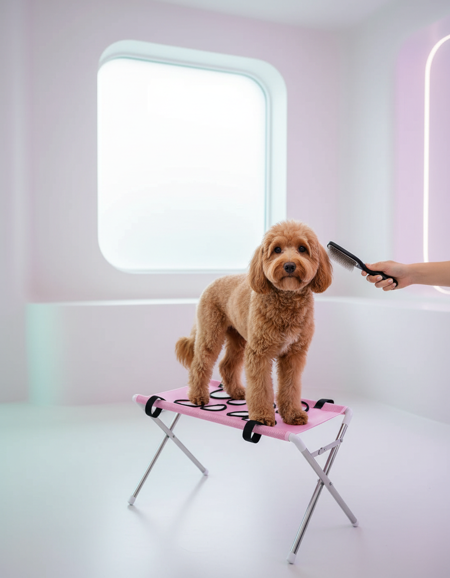 Goldendoodle standing calmly on the Pet Planet Grooming Hammock while being brushed