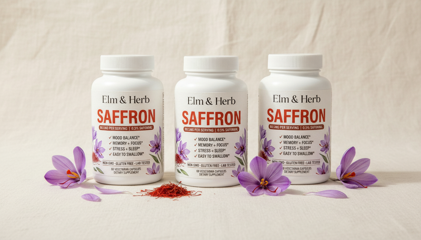 Three bottles of Elm & Herb Saffron