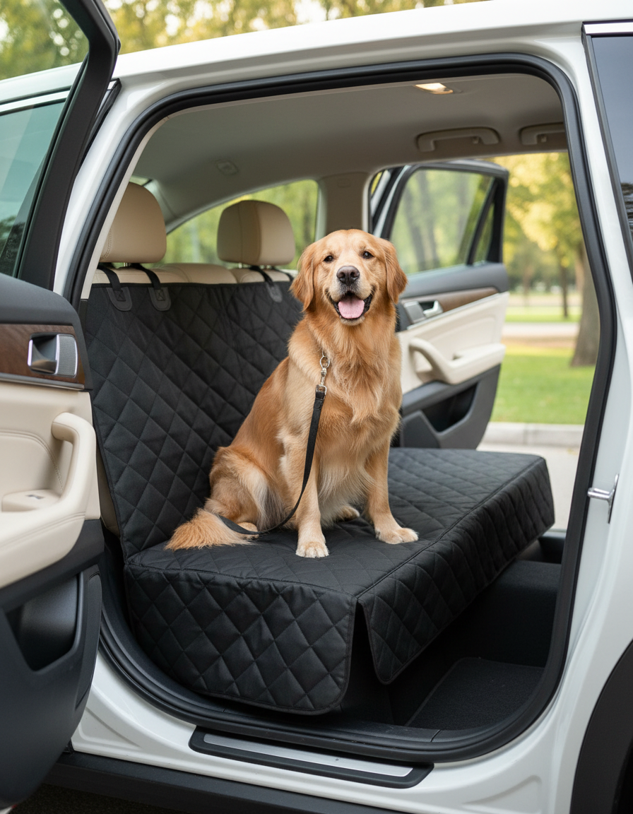 A calm dog sitting on a protected back seat in the car