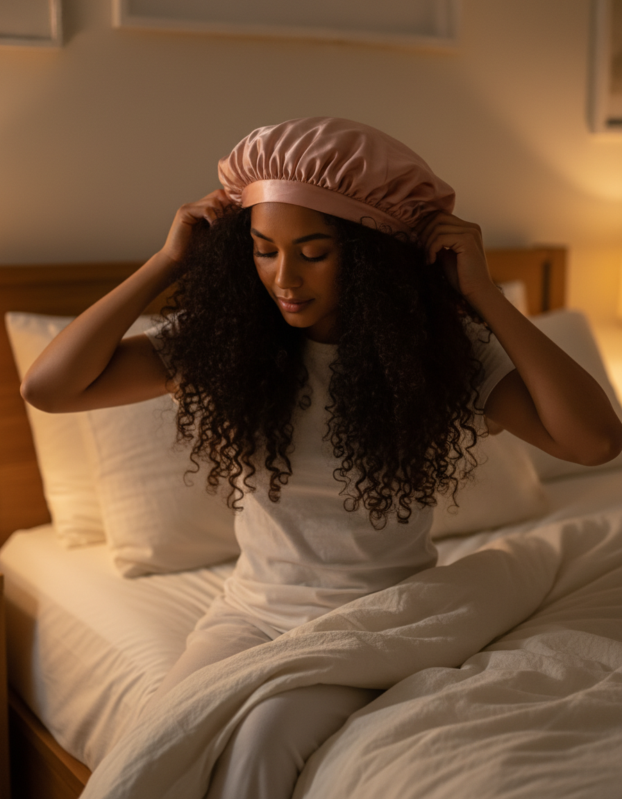 Woman with curly hair putting on a blush satin head cap before bed