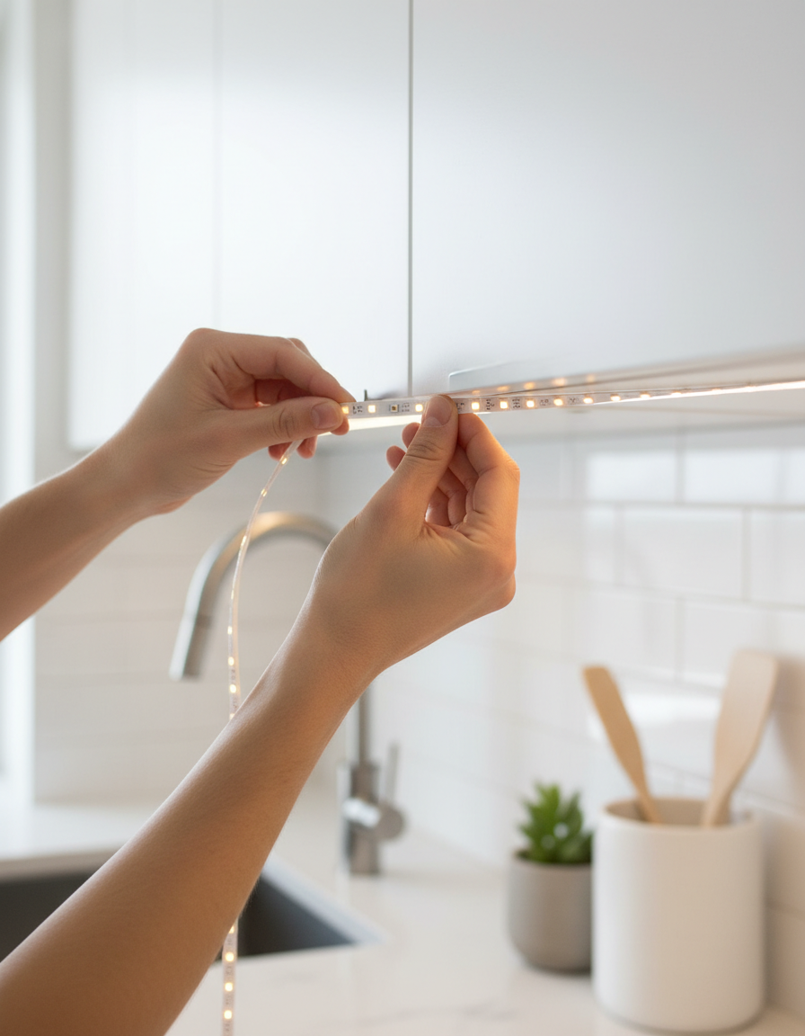 Hands pressing an adhesive LED strip under a white kitchen cabinet