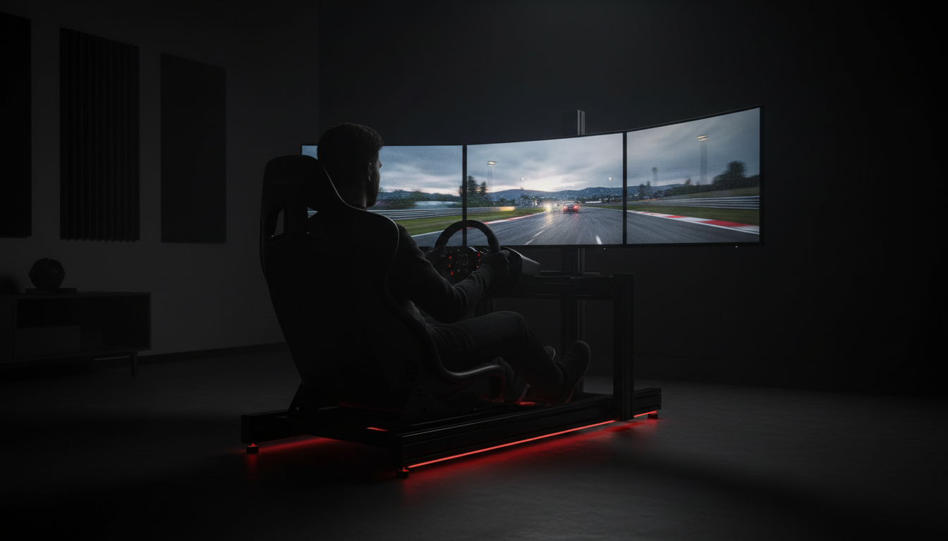 Sim racer in a dark room, hands on the wheel of a SimXPro cockpit facing triple screens