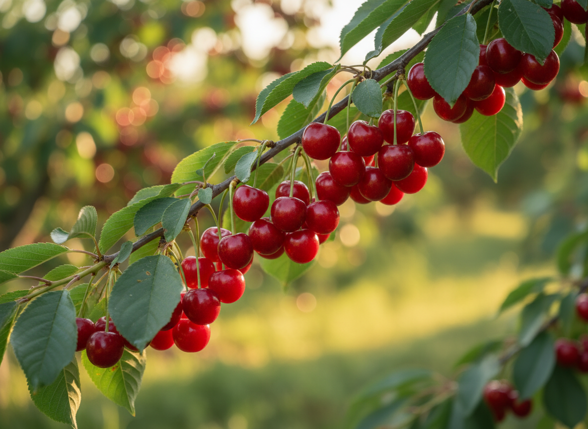 Clusters of ripe red tart cherries on a tree branch in sunlight