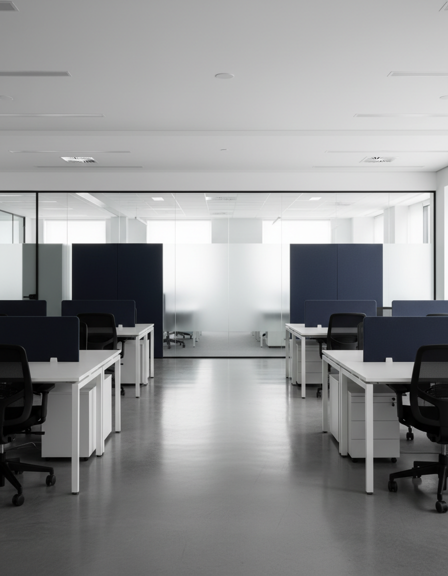 Spotless modern office with white desks and glass partitions