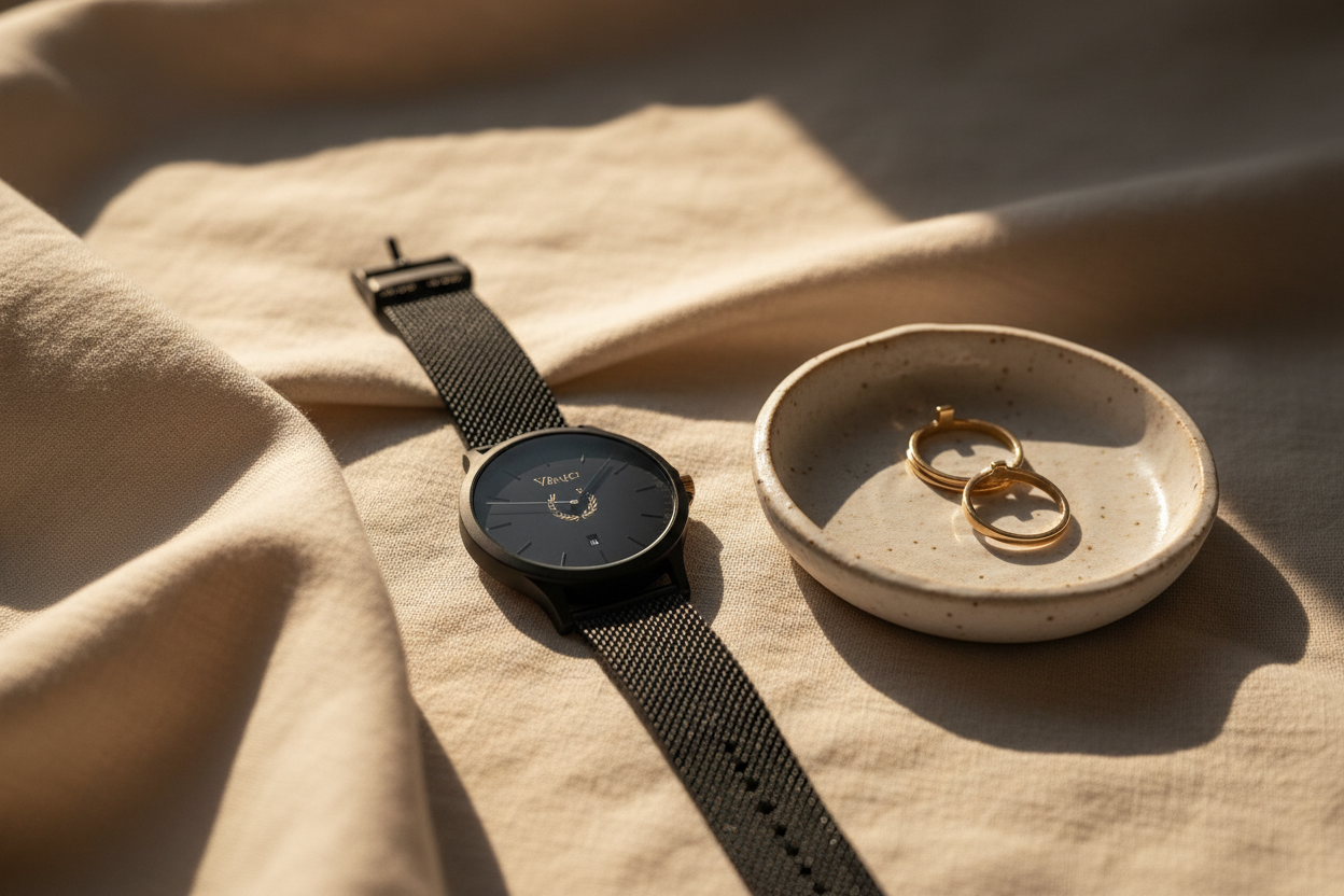 Black and gold watch resting on folded linen in warm afternoon light