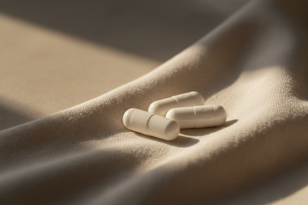 Plain white Afora™ capsules resting on ivory linen