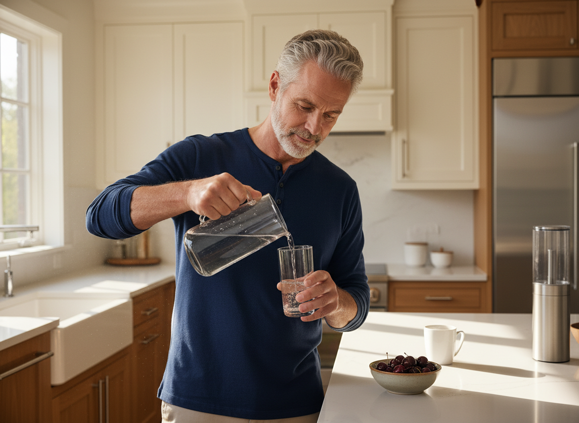 Man in his early sixties pouring a glass of water in his kitchen as part of his morning routine