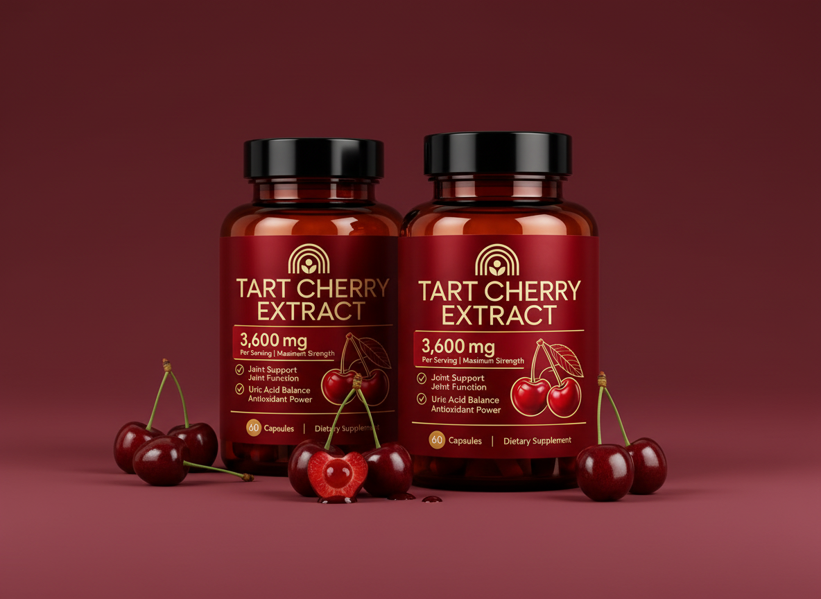Two bottles of Vessara Tart Cherry Extract with fresh tart cherries on a burgundy background