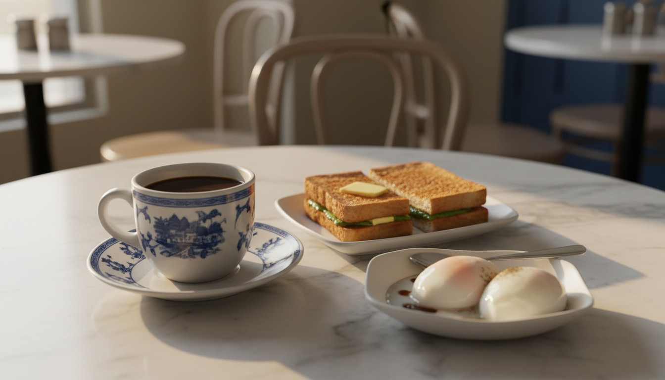 A Singapore kopitiam breakfast of kopi, kaya toast and soft-boiled eggs on a marble table in morning light