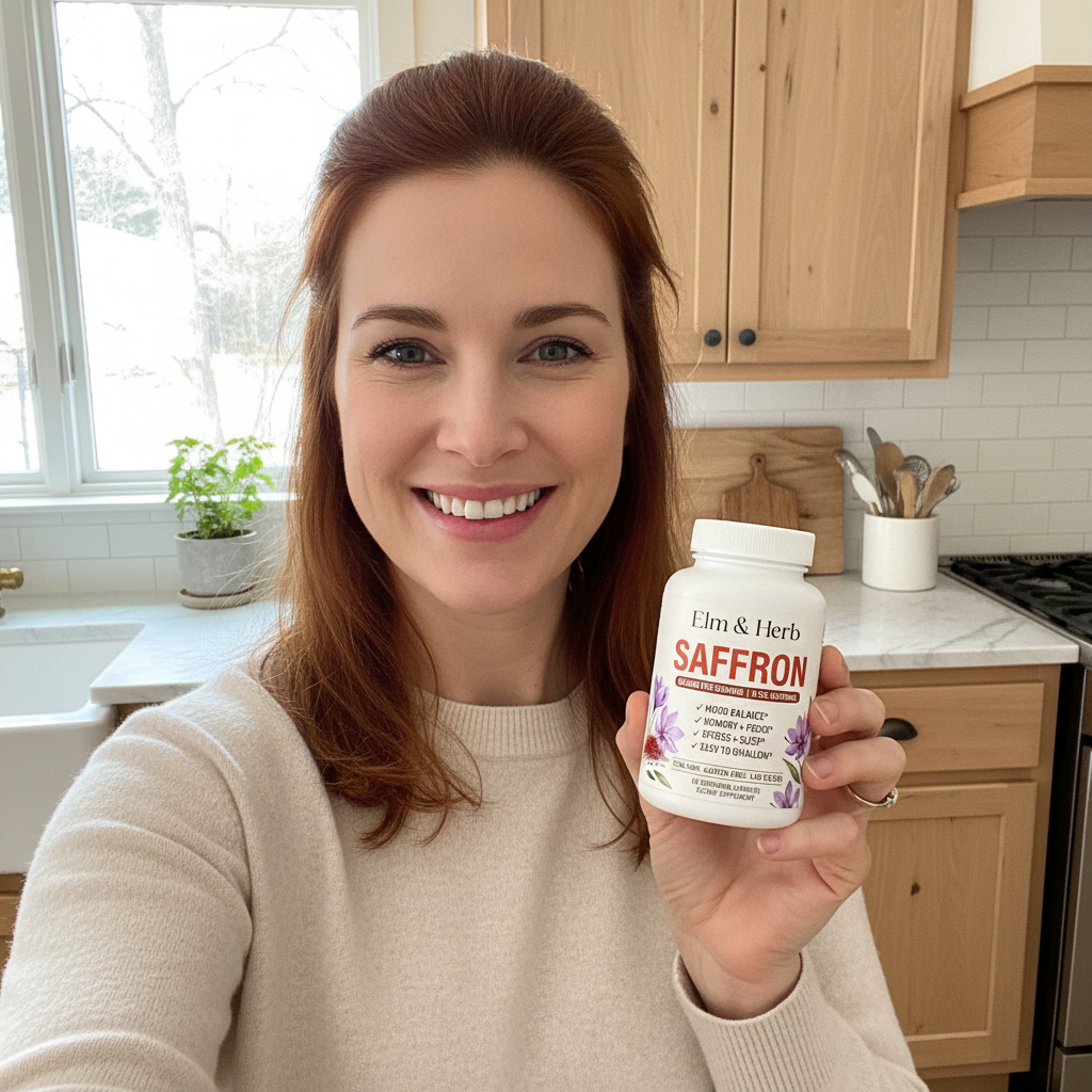 Customer holding her bottle of Elm & Herb Saffron in her kitchen