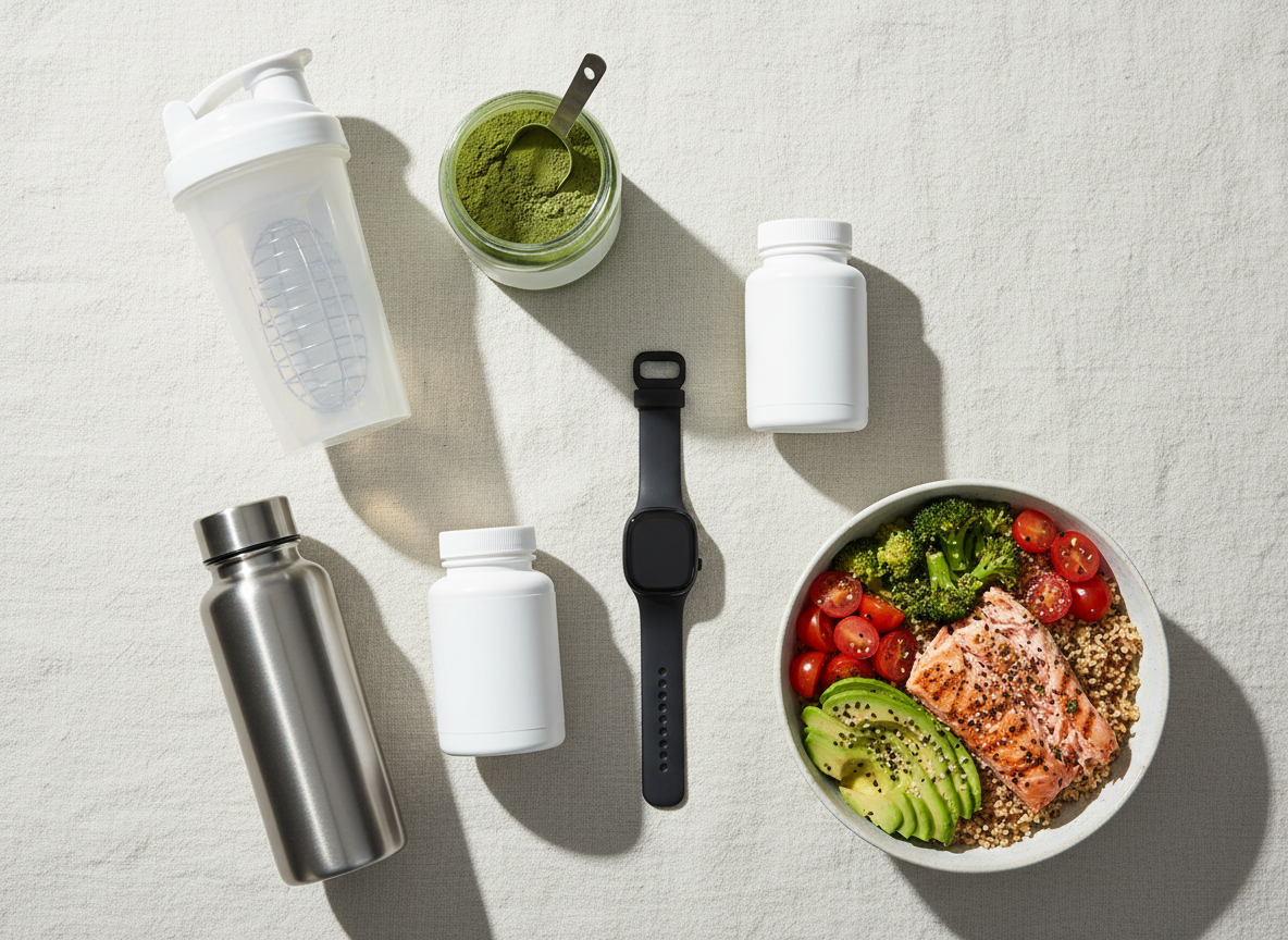 Flat lay of a protein shaker, greens powder, supplement bottles, a fitness tracker, a water bottle and a healthy bowl