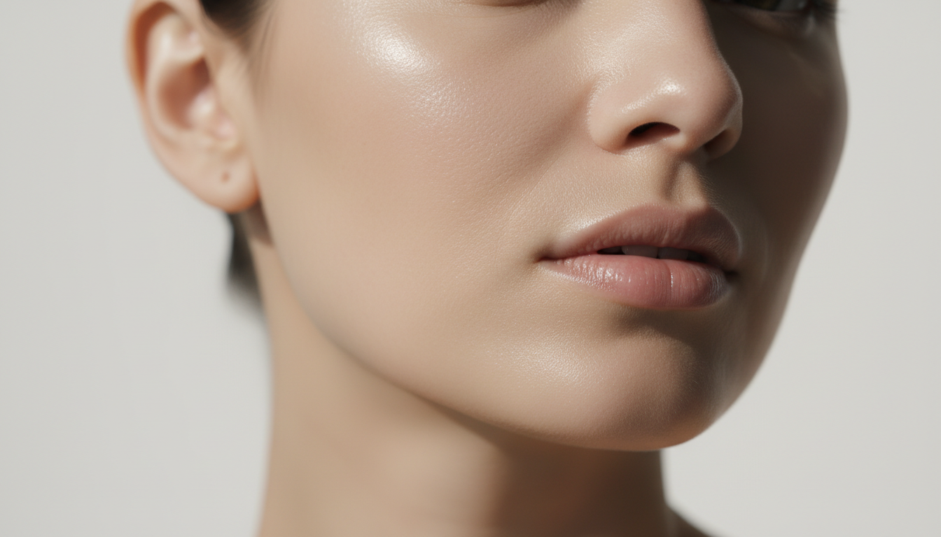 Close-up of fresh, dewy glowing skin in soft daylight
