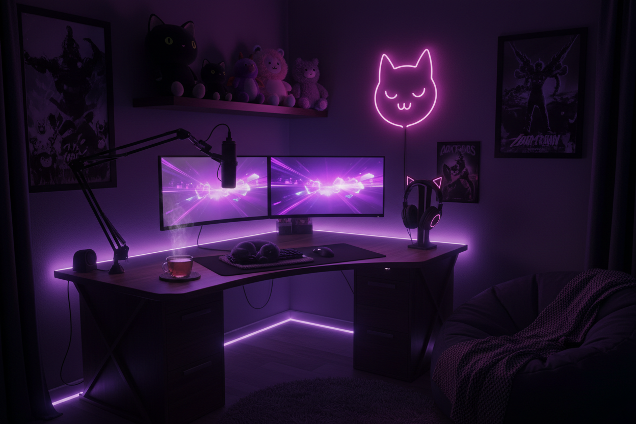 Neon-lit streaming setup with cat-ear headphones and a glowing pink cat sign