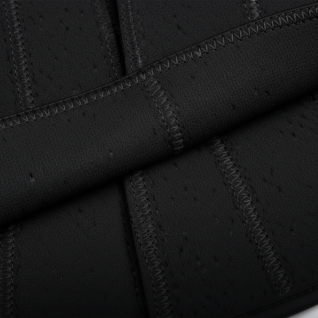 Macro of layered neoprene and reinforced stitching inside the waist trainer
